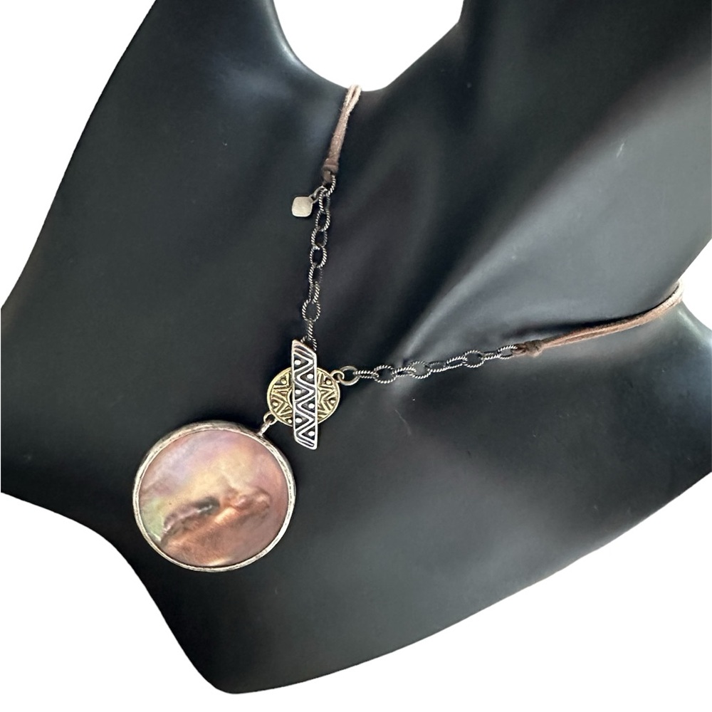 Retired Silpada Amber Wave Etched Pendant Shell & Sterling/Leather Cord Necklace